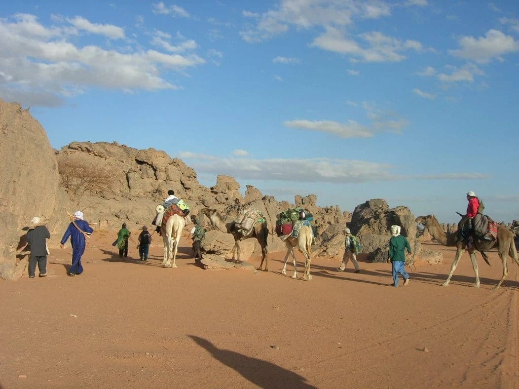 Voyageurs et chameaux dans le Sahara